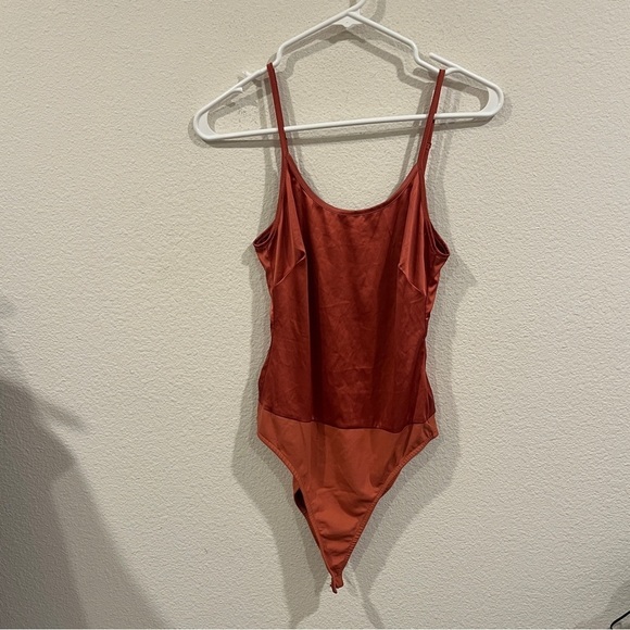 Zara rusty pink orange satin look bodysuit size medium snap crotch - Picture 1 of 7